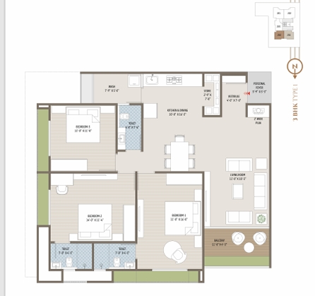 3 BHK Flat floor plan