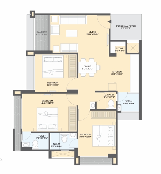 3 BHK Flat floor plan