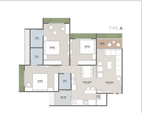 3 BHK Flat floor plan