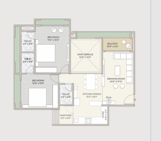 2 BHK Flat floor plan