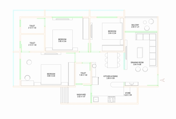 3 BHK Flat floor plan