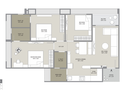 3 BHK Flat floor plan