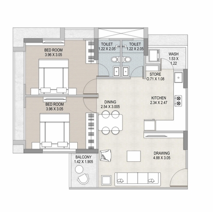 2 BHK Flat floor plan