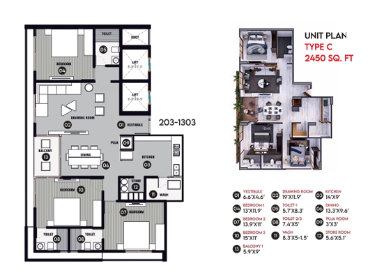 3 BHK Flat floor plan
