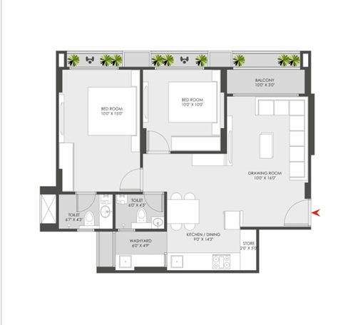 2 BHK Flat floor plan