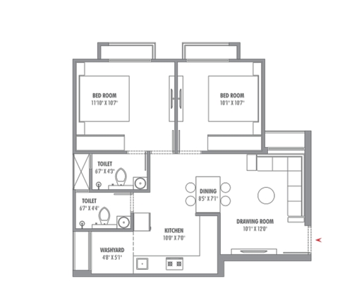 2 BHK Flat floor plan