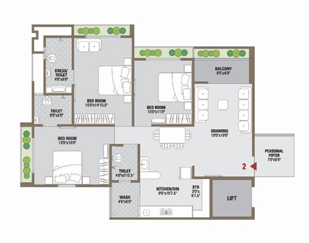 3 BHK Flat floor plan