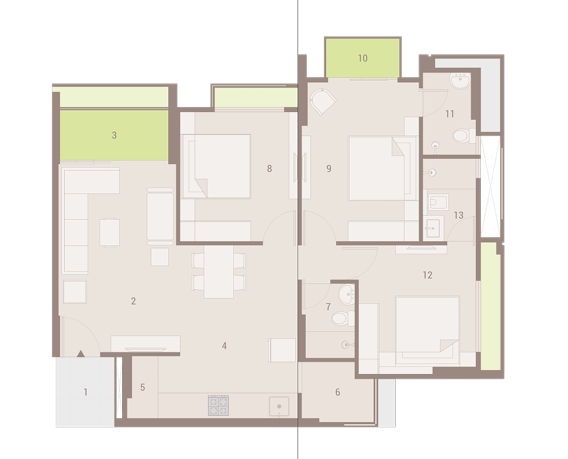 3 BHK Flat floor plan