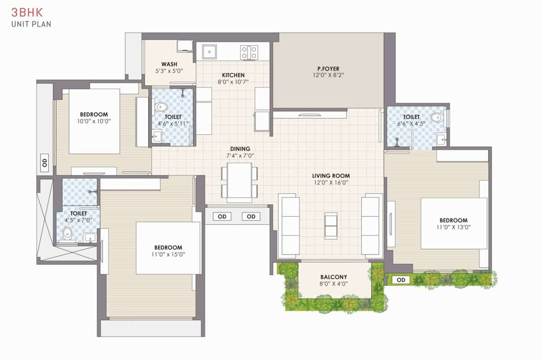 3 BHK flat floor plan