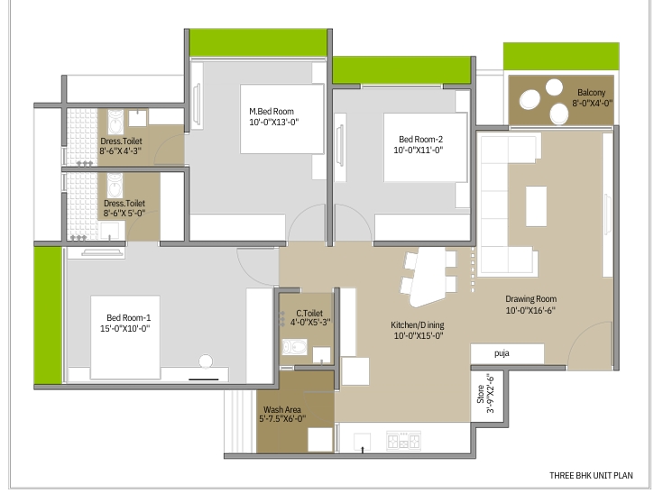 3 BHK Flat floor plan