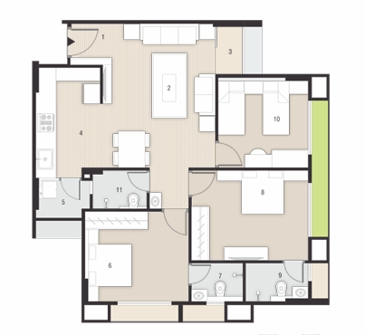 3 BHK Flat floor plan