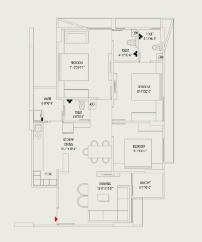 3 BHK Flat floor plan