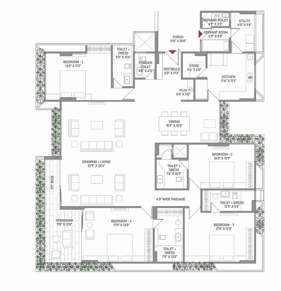 4 BHK Flat floor plan