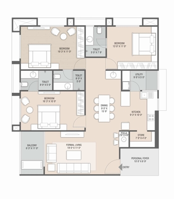 3 BHK Flat floor plan