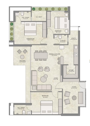 3 BHK Flat floor plan