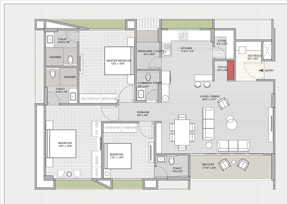 3 BHK Flat floor plan