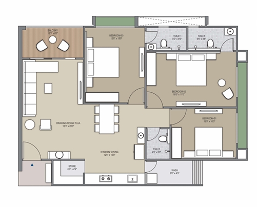 3 BHK Flat floor plan