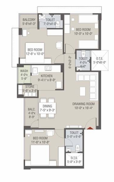 3 BHK Flat floor plan