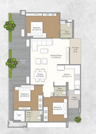 3 BHK Flat floor plan