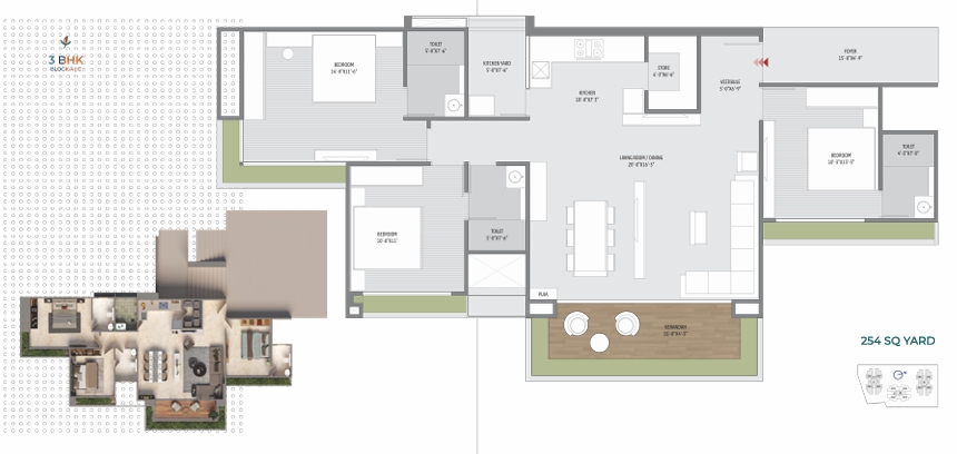 3 BHK Flat floor plan