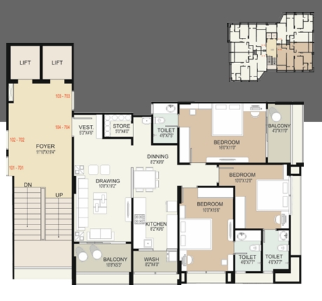 3 BHK Flat floor plan