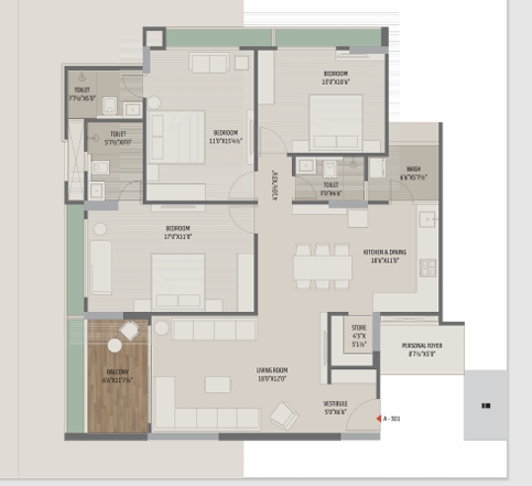 3 BHK Flat floor plan