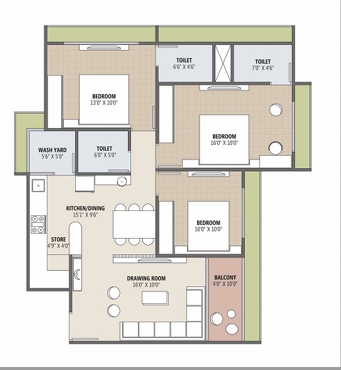 3 BHK Flat floor plan