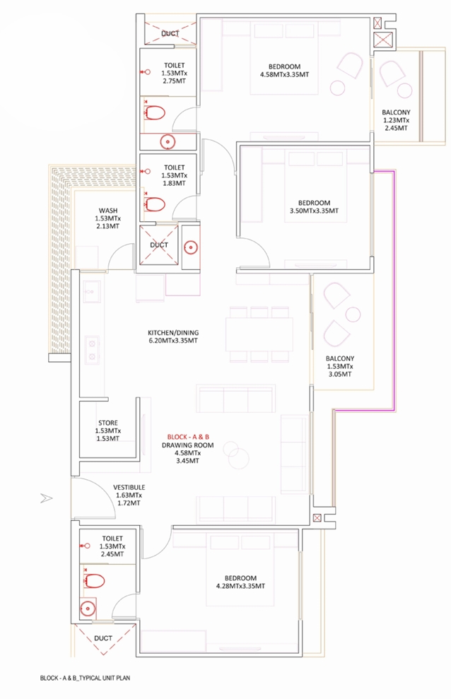 3 BHK Flat floor plan