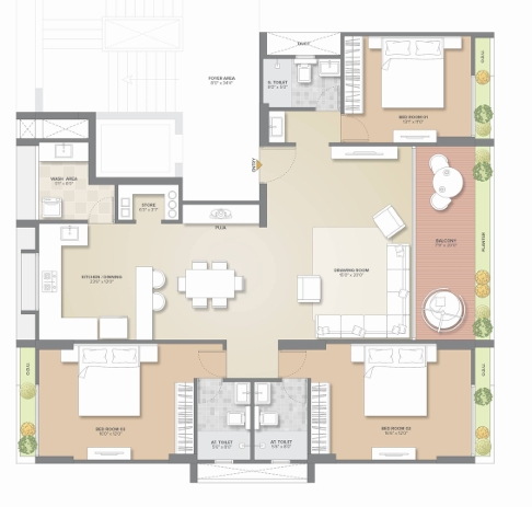 3 BHK Flat floor plan