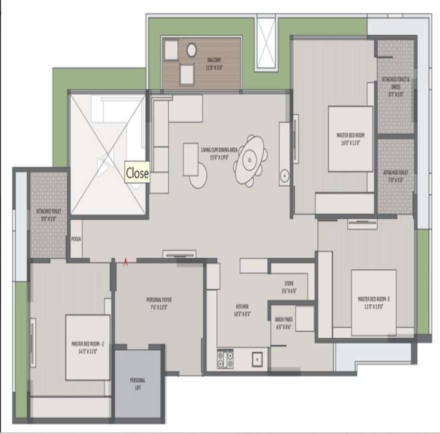 3 BHK Flat floor plan