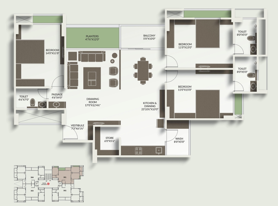 3 BHK Flat floor plan