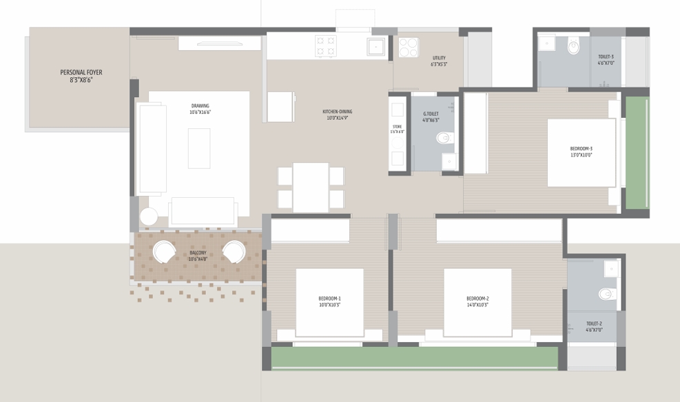 3 BHK Flat floor plan