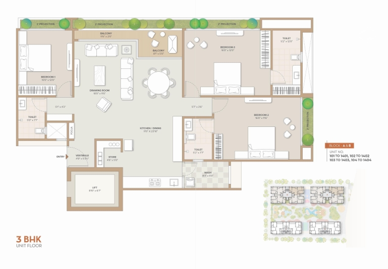 3 BHK Flat floor plan