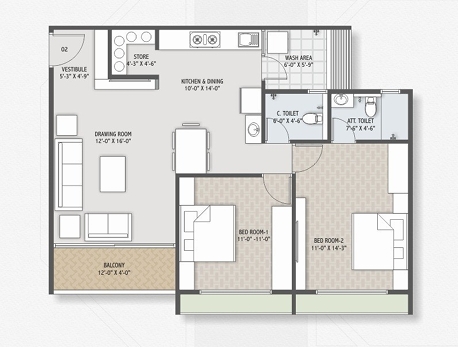 2 BHK Flat floor plan