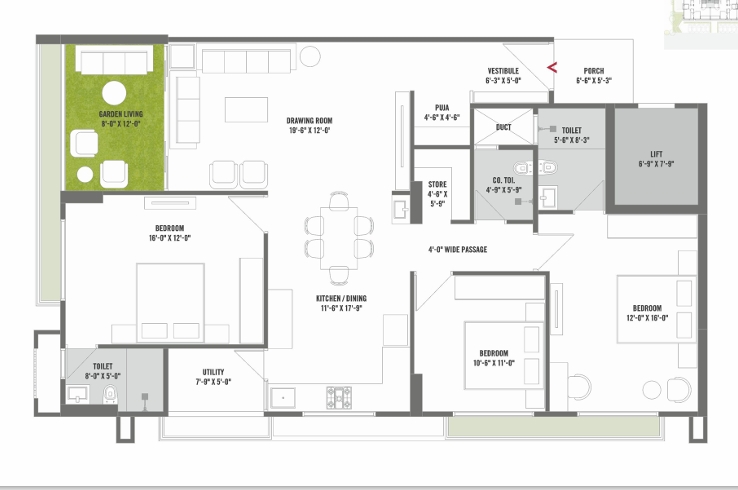 3 BHK Flat floor plan