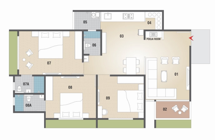 3 BHK Flat floor plan