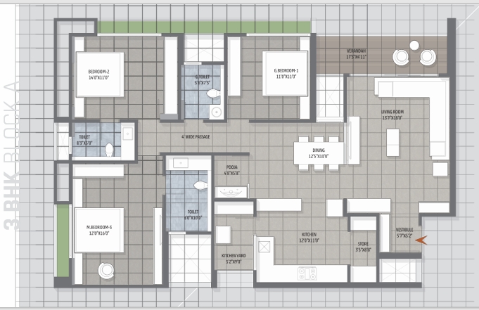 3 BHK Flat floor plan