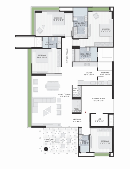 4 BHK Flat floor plan