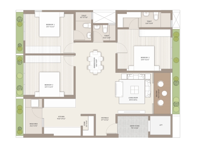 3 BHK Flat floor plan