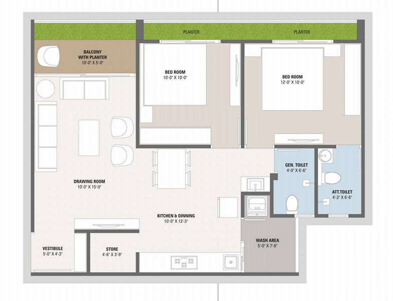 2 BHK Flat floor plan