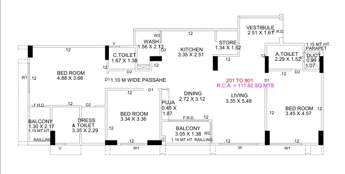 3 BHK Flat floor plan