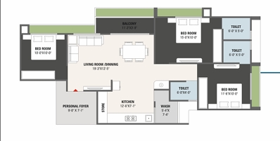 3 BHK Flat floor plan