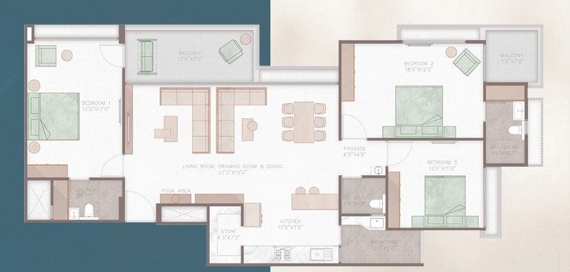 3 BHK Flat floor plan