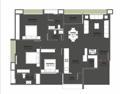 3 BHK Flat floor plan