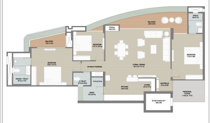 3 BHK Flat floor plan