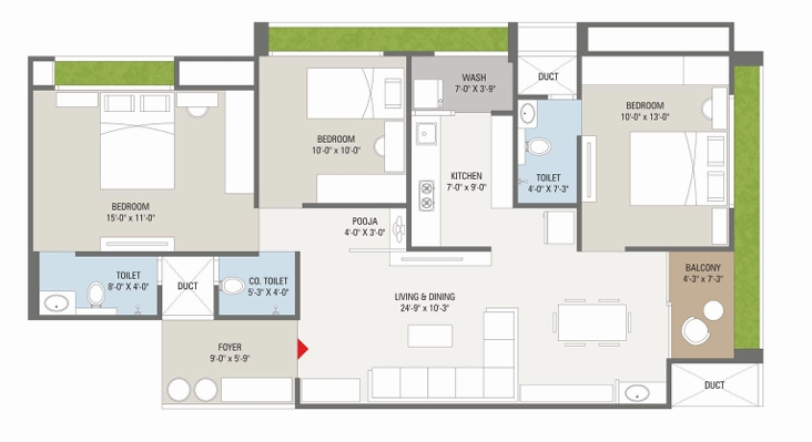 3 BHK Flat floor plan
