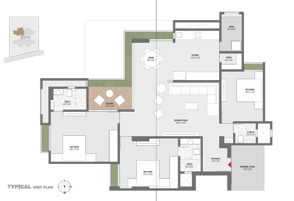 3 BHK Flat floor plan