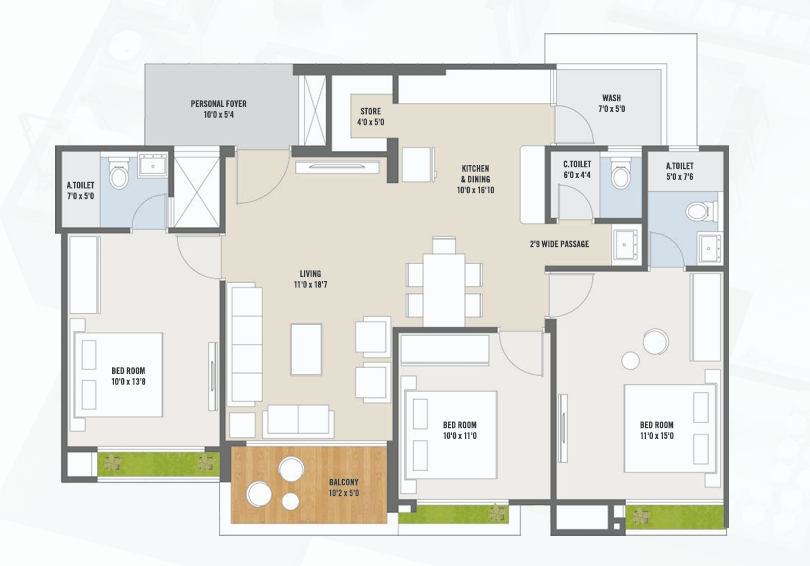 3 BHK Flat floor plan