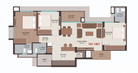 3 BHK Flat floor plan