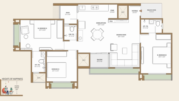 3 BHK Flat floor plan